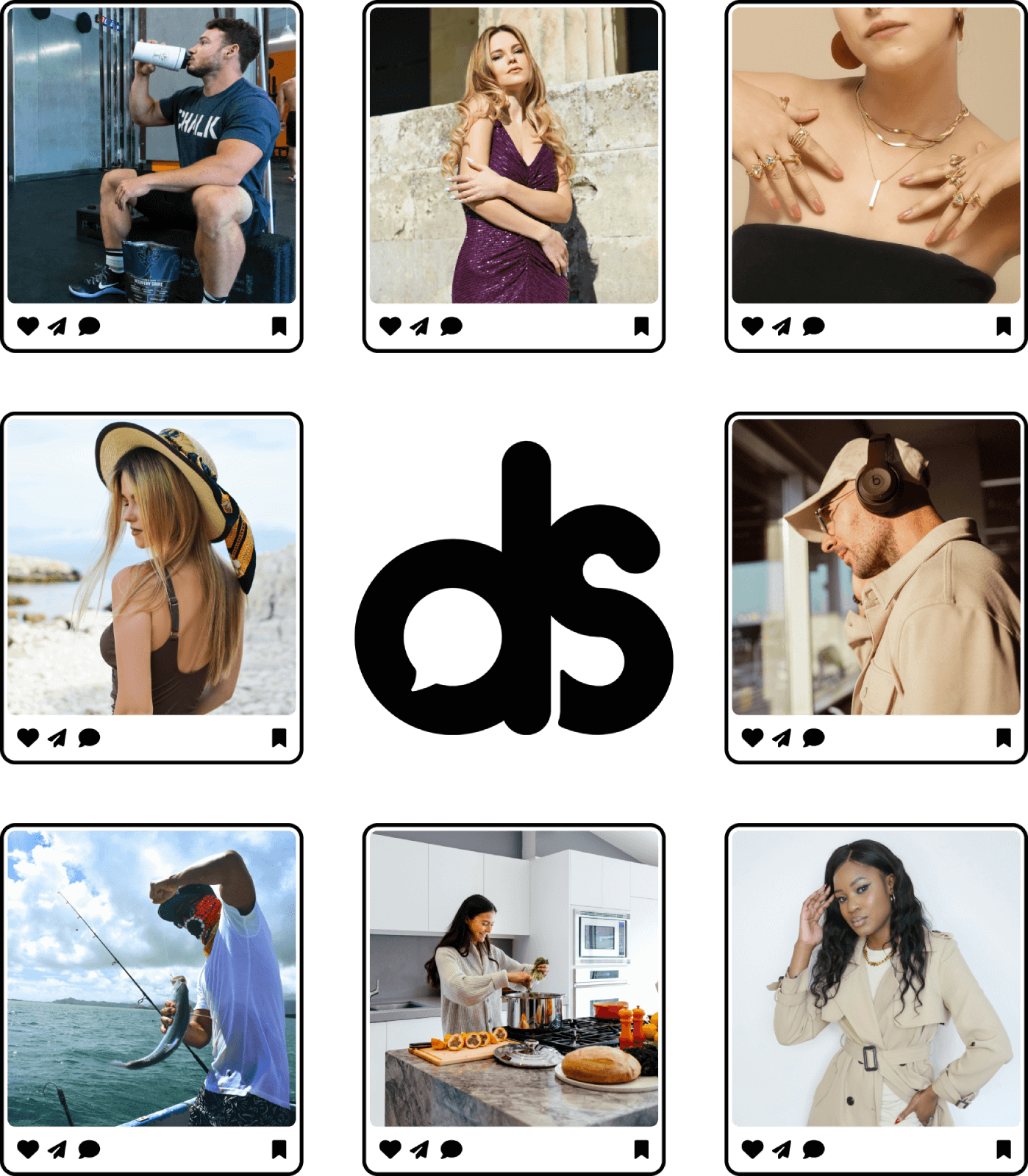 A series of social media images with the Dialogue Socials logo in the centre